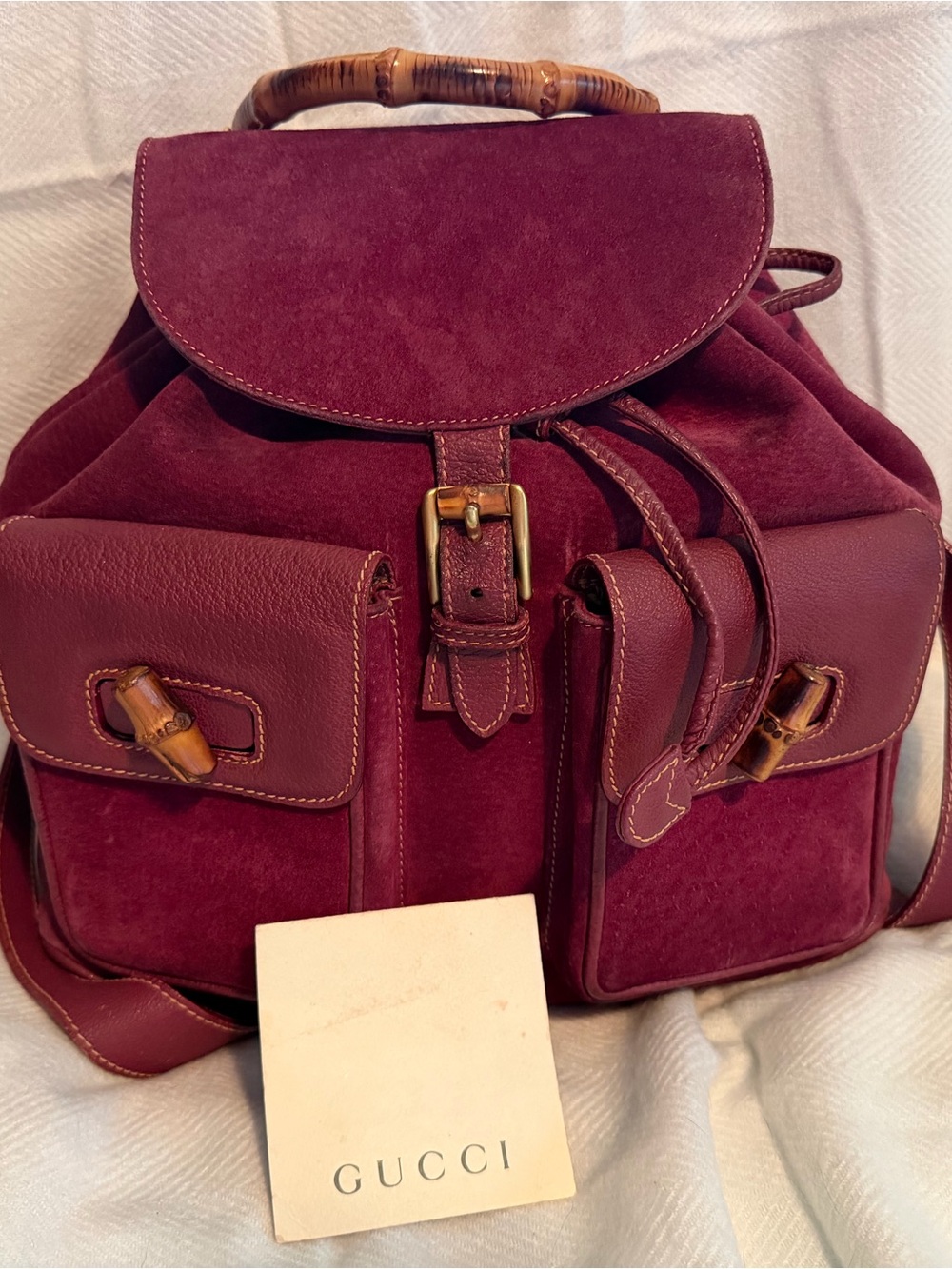 Gucci Burgundy Suede & Leather Backpack with Bamboo Handles